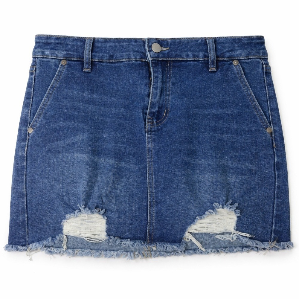 PTCL Denim Skirt Womens Small Blue Distressed Raw Hem Mini Stretch‎ Casual